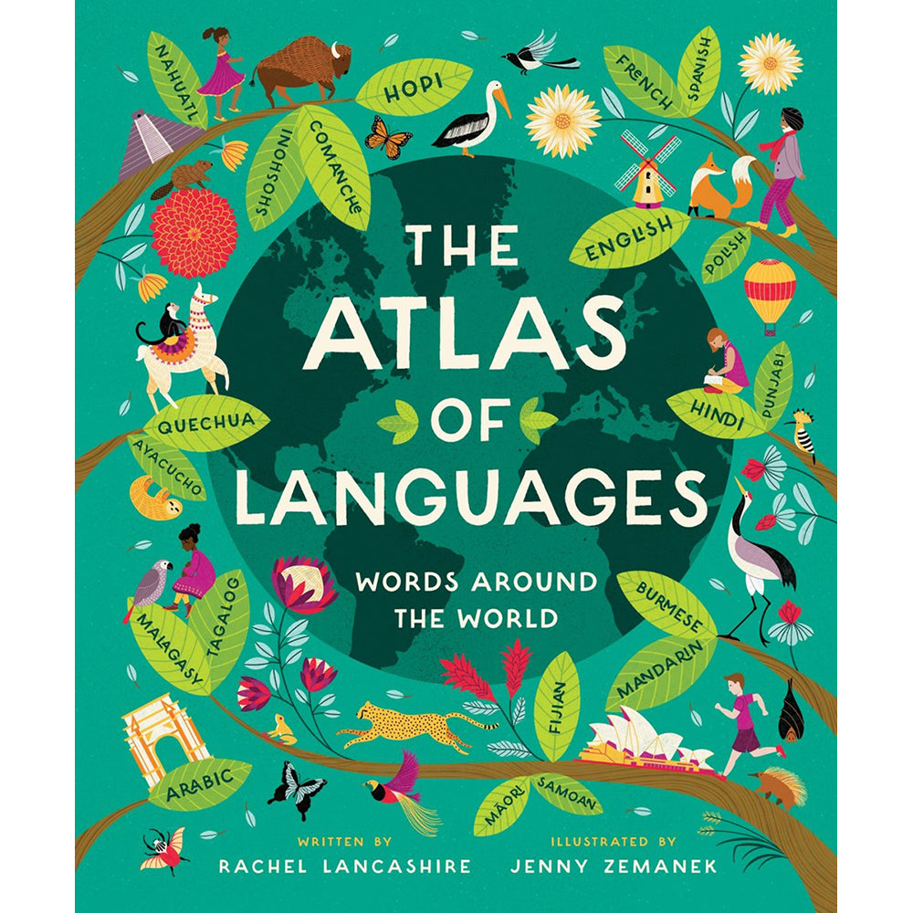 Book cover of 'The Atlas of Languages' with a world map and various languages depicted on leaves with illustrations representing each language