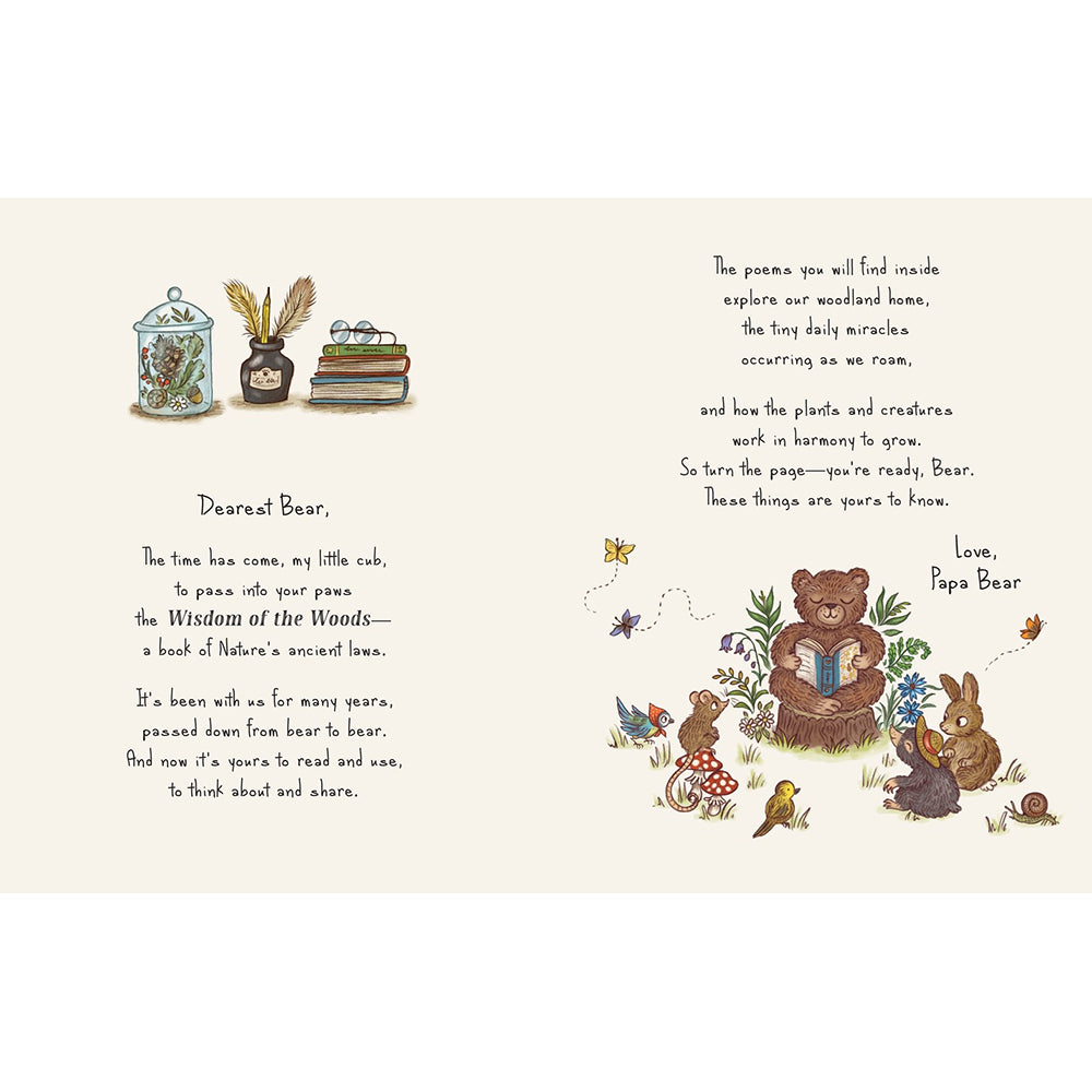 Children's book page with illustrations of bears and nature, accompanied by a poem.