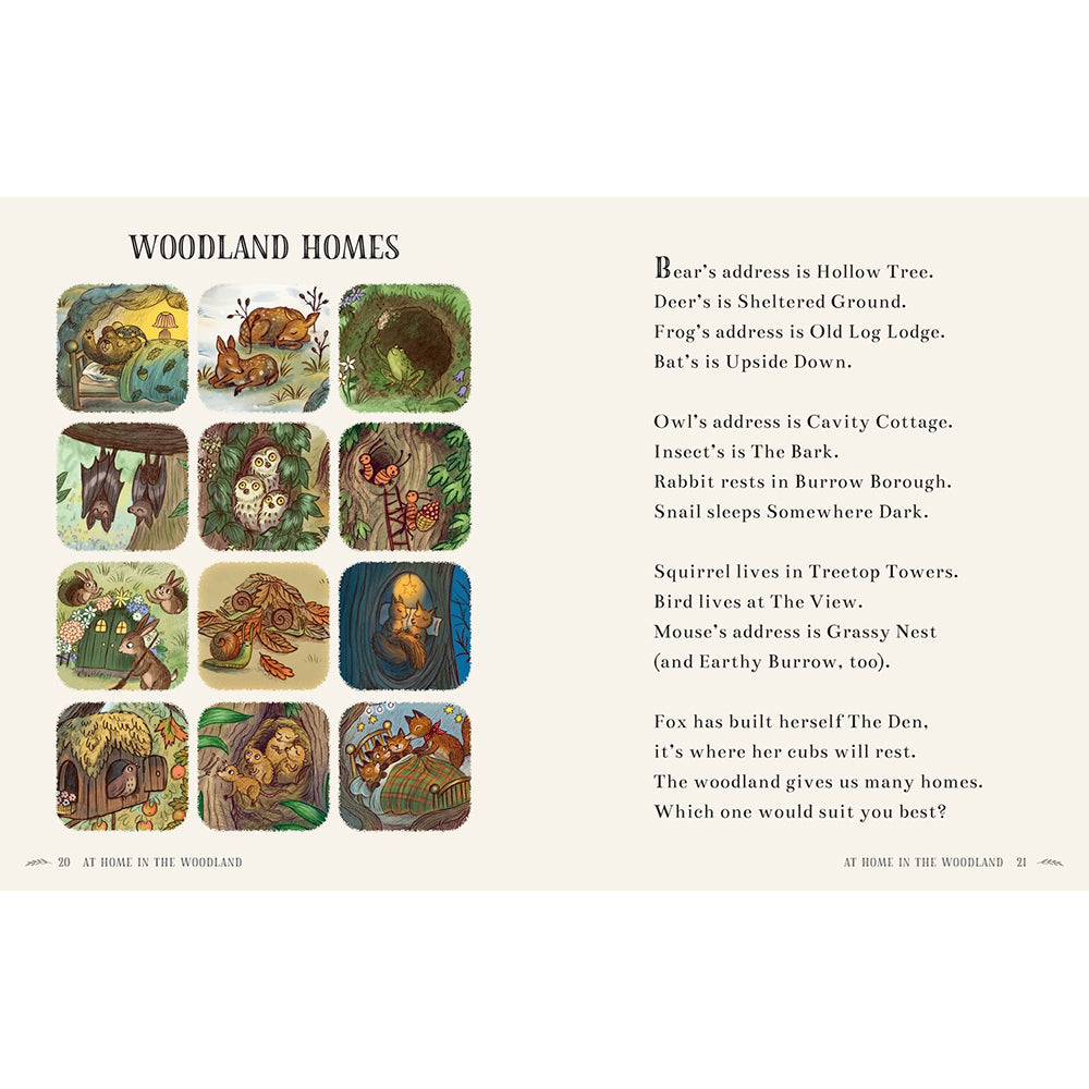 Illustrations of woodland animals and their homes with a poem on a white background.