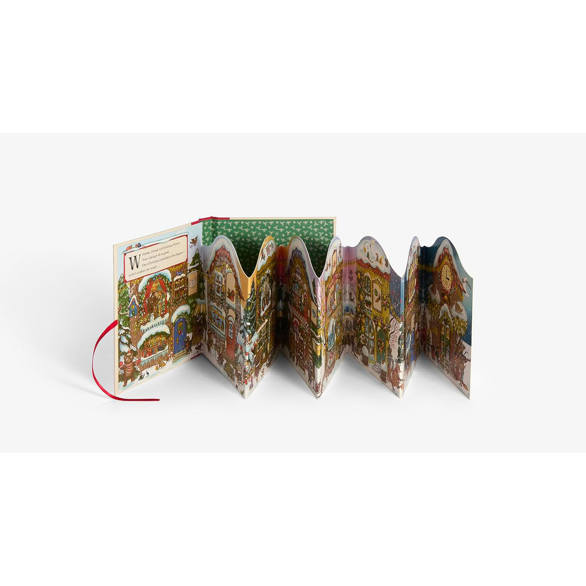 Open book with colorful illustrations on a white background