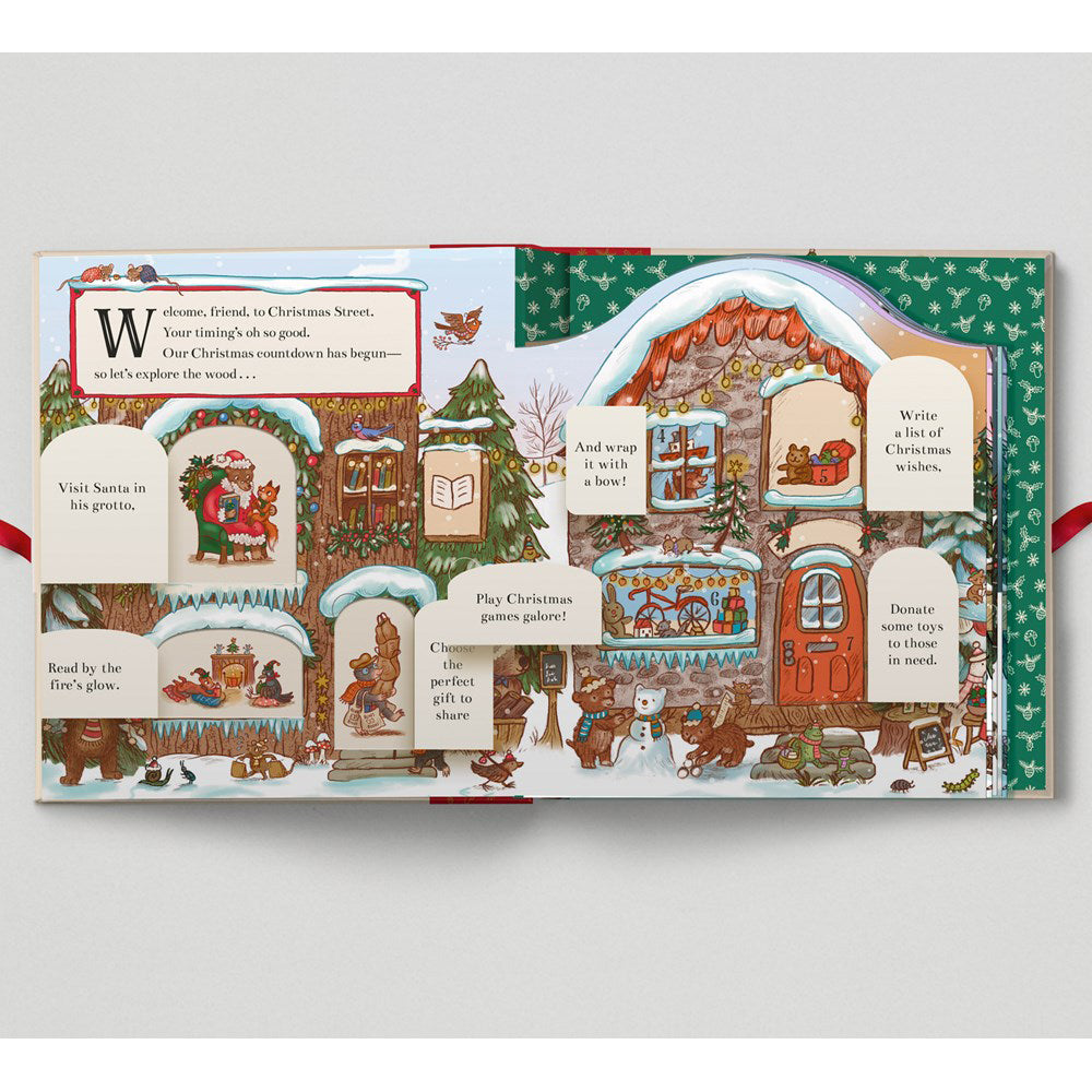 Illustrated Christmas-themed book or packaging with festive scenes and text.