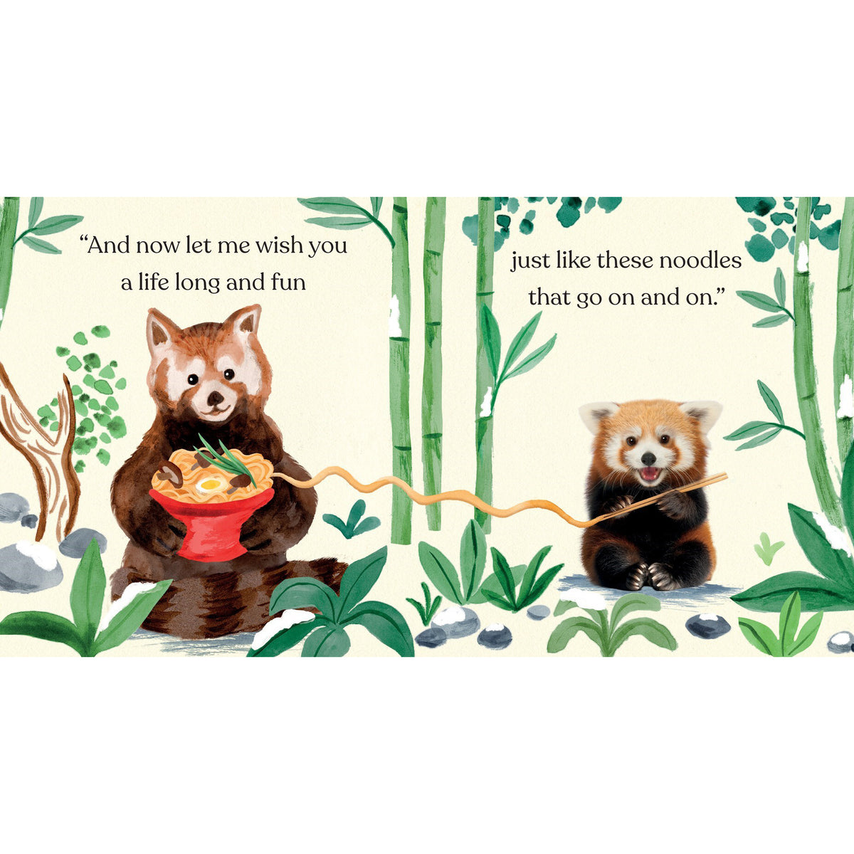Illustration of two red pandas in a forest setting with text.