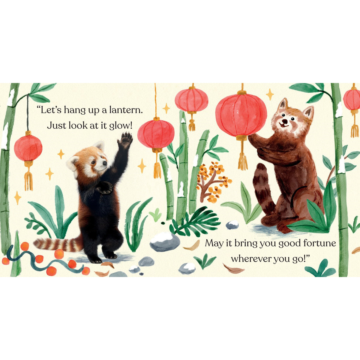 Illustration of two red pandas with lanterns and bamboo, with text on a white background.