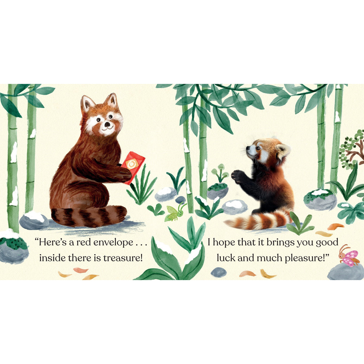 Illustration of two red pandas in a bamboo forest with text.