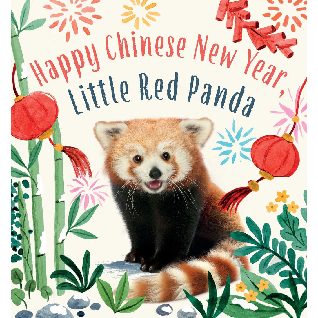 Book cover with a red panda, bamboo, and Chinese New Year elements on a white background