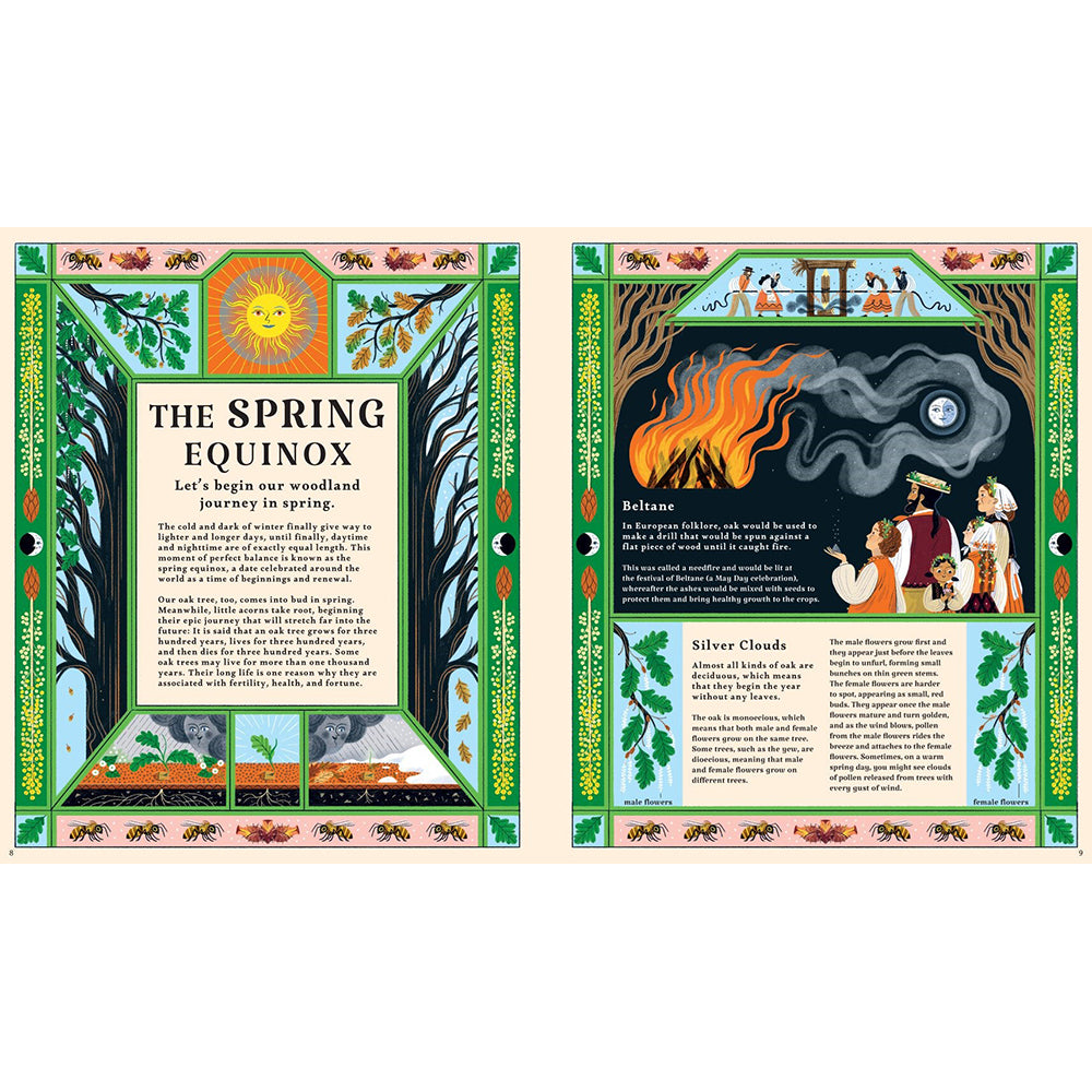 Decorative panel about the Spring Equinox with illustrations and text on a white background