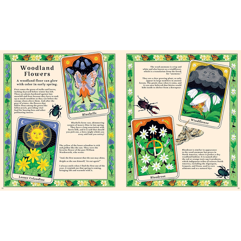 Illustrated book or magazine page with fairy-themed cards and text on a white background