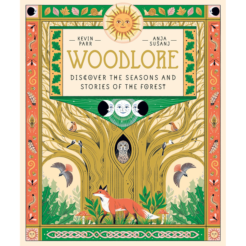 Book cover of 'Woodlore' with forest-themed illustrations and text.