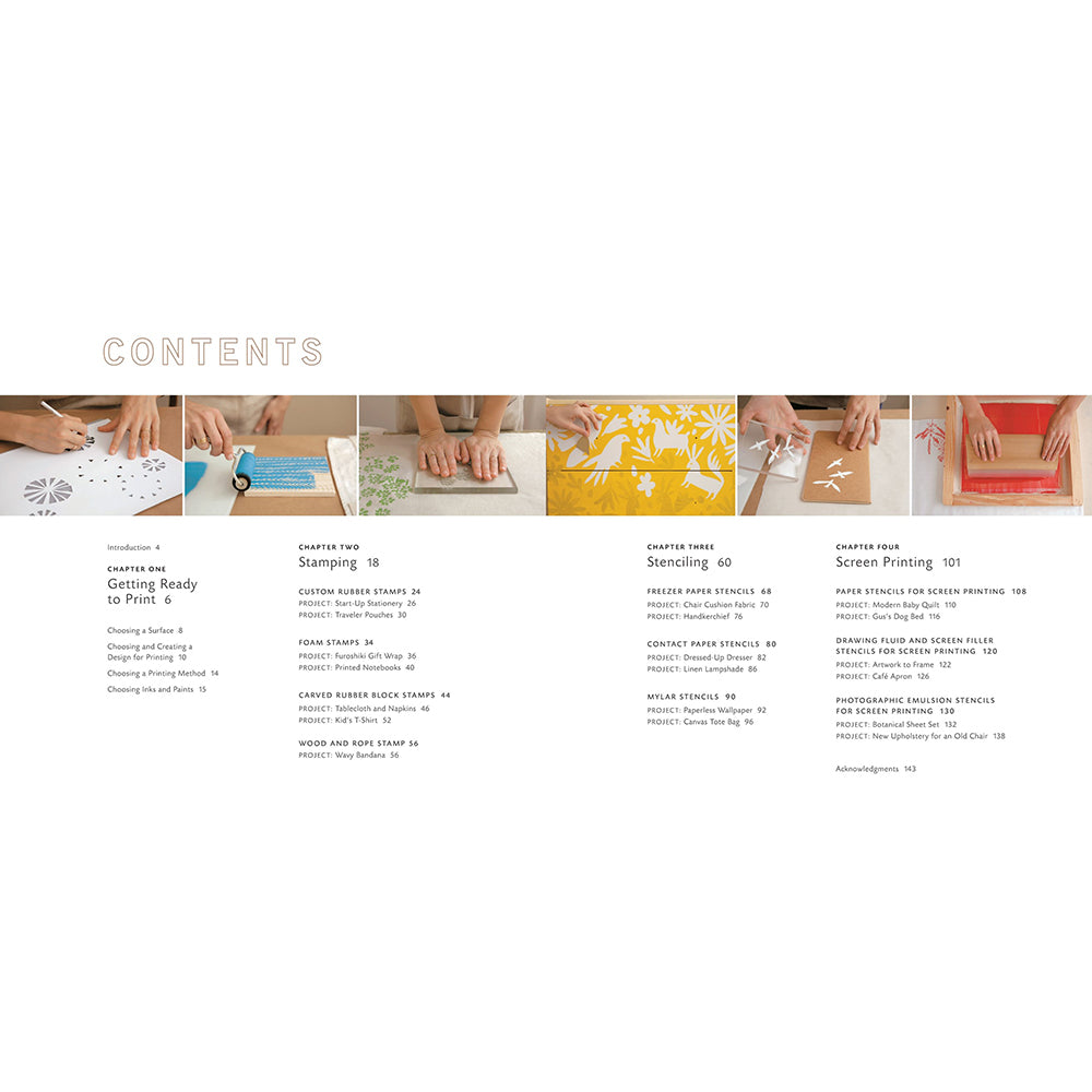 A printed contents page from a book or craft guide, showing the title CONTENTS at the top and multiple horizontal photo strips with small chapter and page titles and page numbers below.