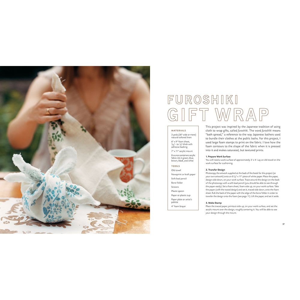 A printed magazine-style page showing a photo of a person wrapping a fabric gift bag with blue floral cloth, alongside the title 'FUROSHIKI GIFT WRAP' and a column of instructional text.