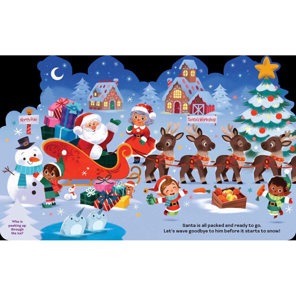 Illustration of Santa Claus in a sleigh with reindeer, snowman, and Christmas trees on a snowy night scene.