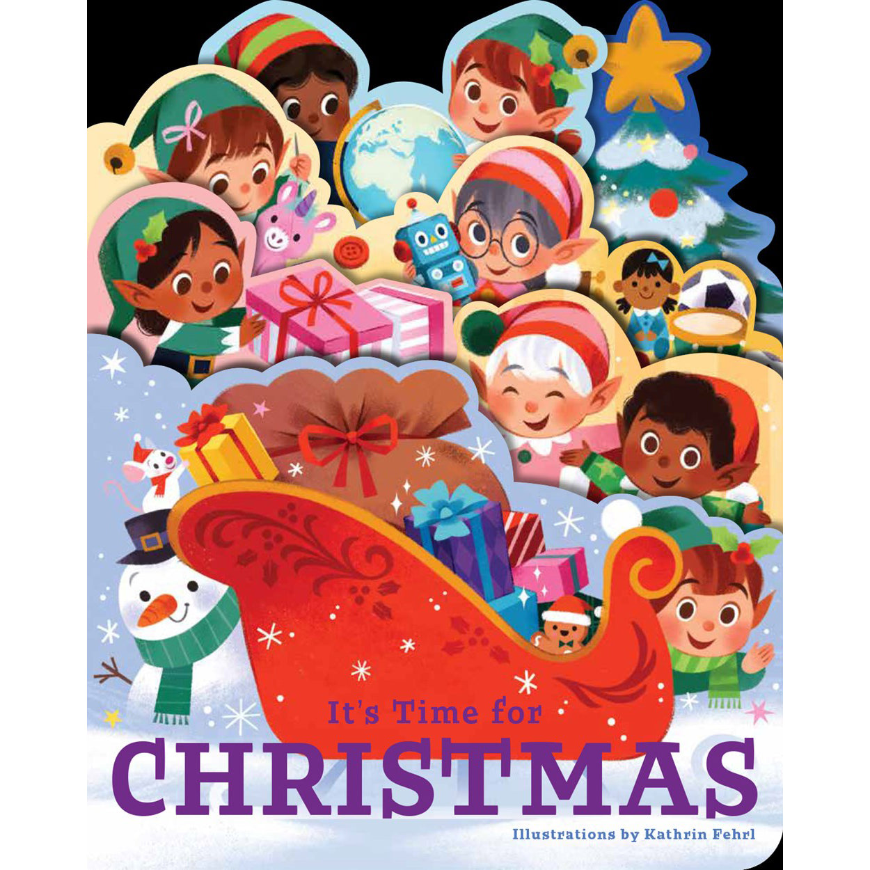 Book cover with Christmas-themed illustrations of children and presents.
