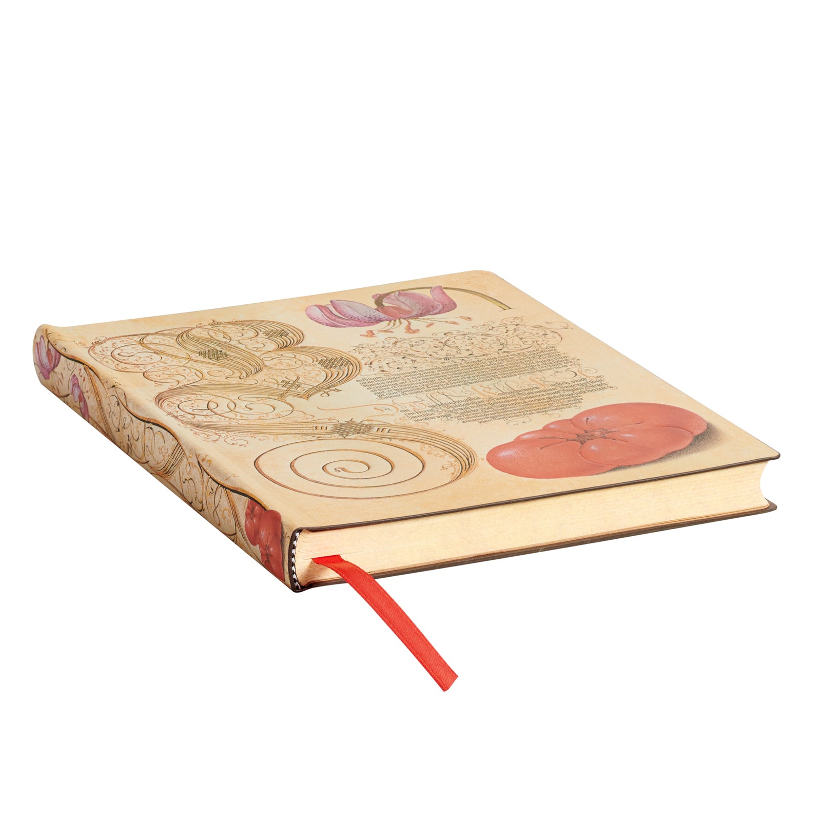 A decorated cover of a Midi unlined journal featuring a printed manuscript page with illustrations of a lily and a tomato.