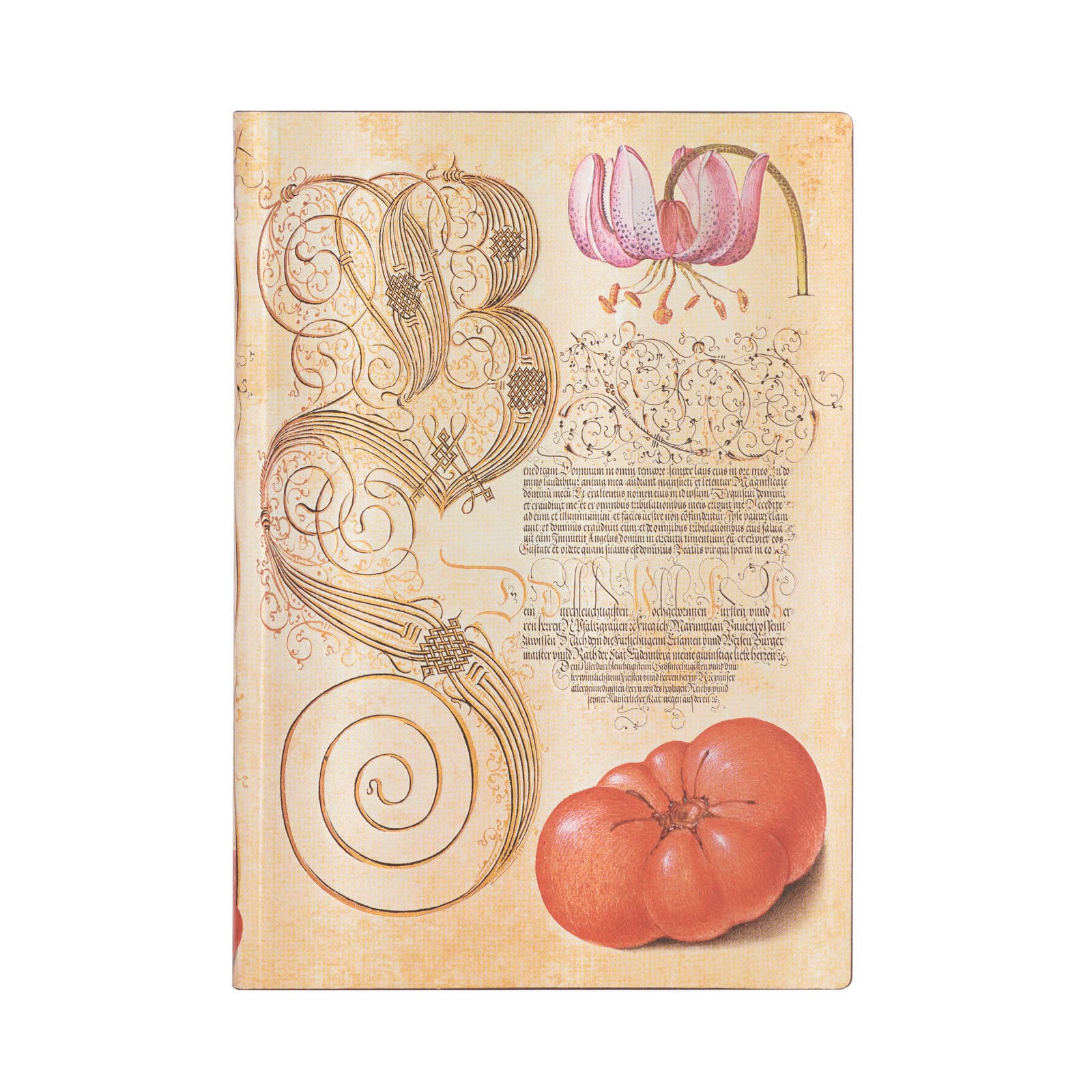 A decorated cover of a Midi unlined journal featuring a printed manuscript page with illustrations of a lily and a tomato.