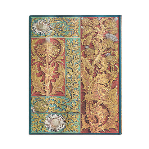 A journal with a floral and geometric patterned cover in multiple colors.
