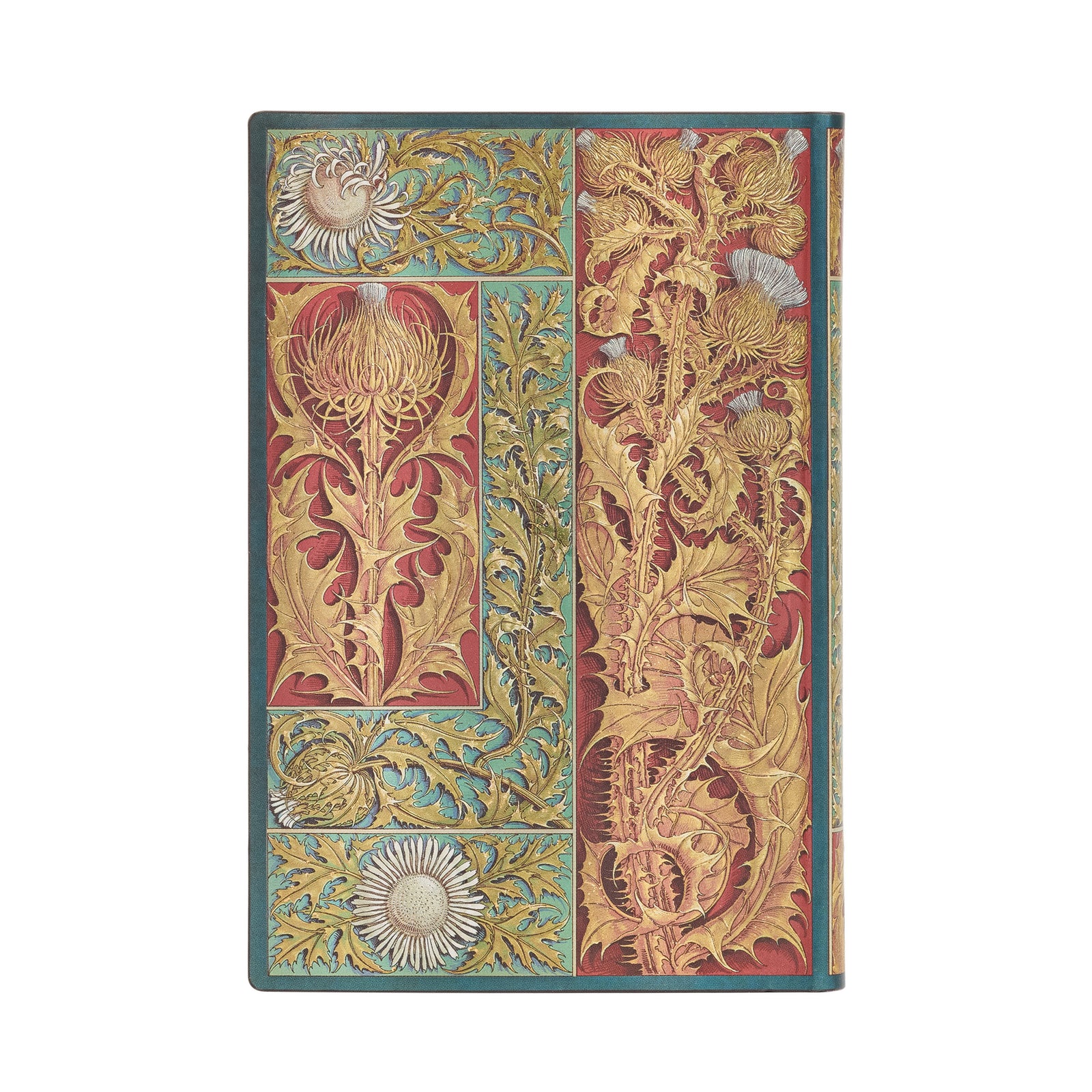 A colorful floral patterned journal cover with a thistle design.