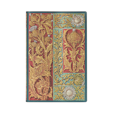 A colorful floral patterned journal cover with a thistle design.
