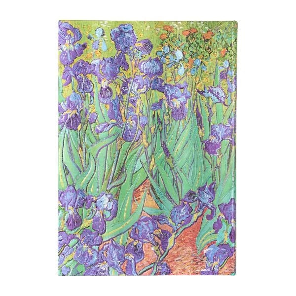 A hardcover sketchbook featuring a printed cover with a detail from Vincent van Gogh's painting 'Irises'.
