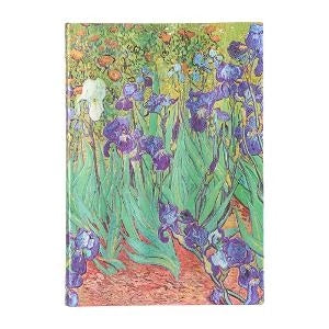 A hardcover sketchbook featuring a printed cover with a detail from Vincent van Gogh's painting 'Irises'.