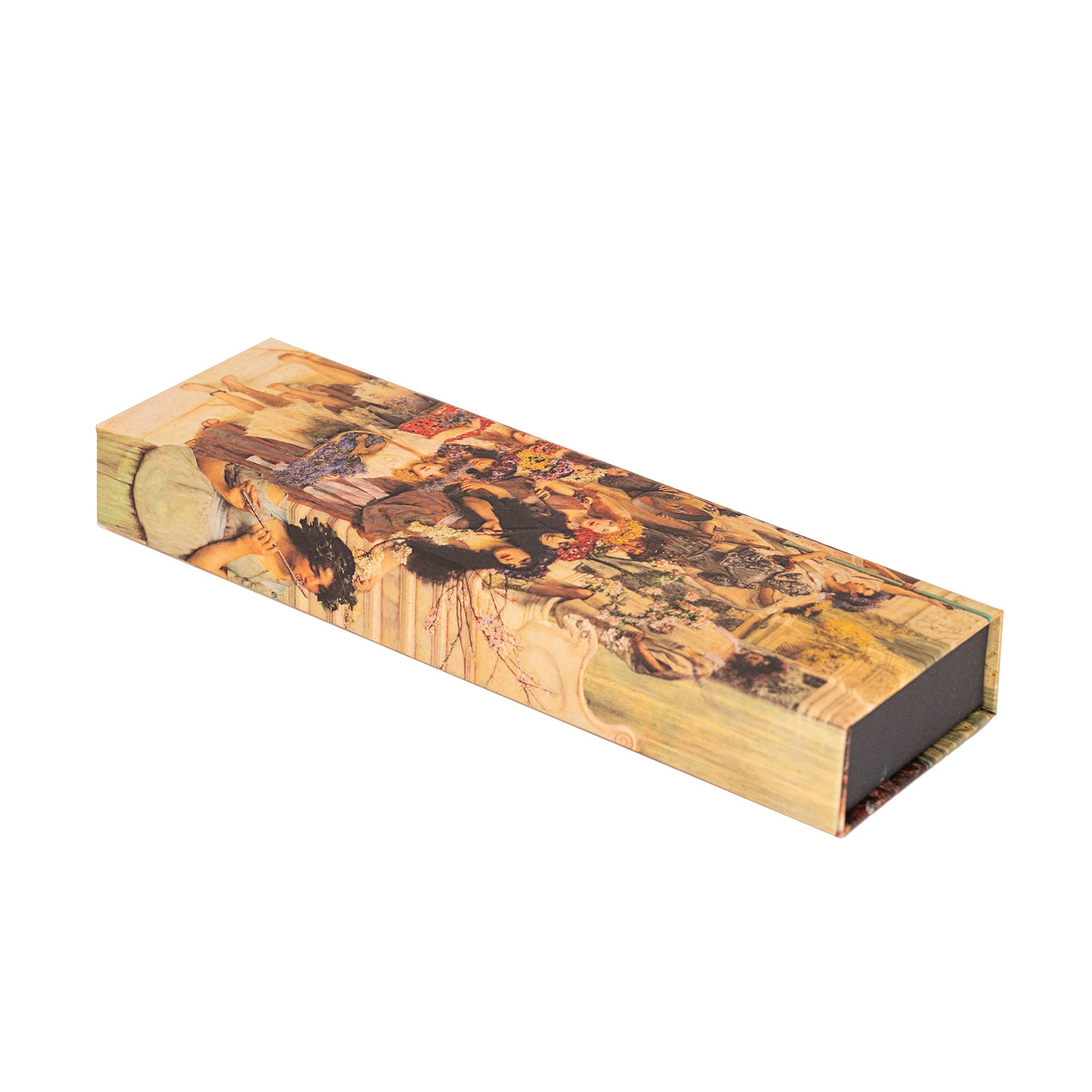 A hardcover pencil case with a floral pattern, featuring artwork by Lawrence Alma-Tadema.