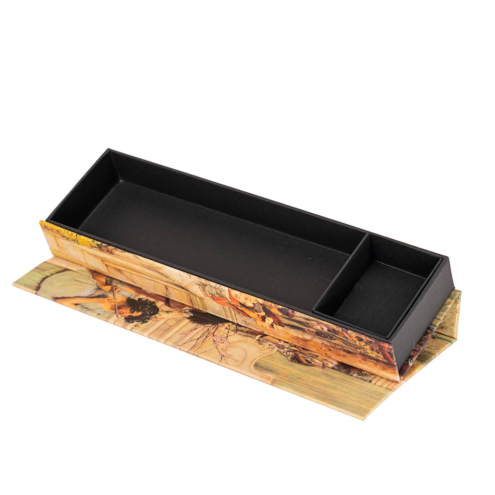 A hardcover pencil case with a floral pattern, featuring artwork by Lawrence Alma-Tadema.