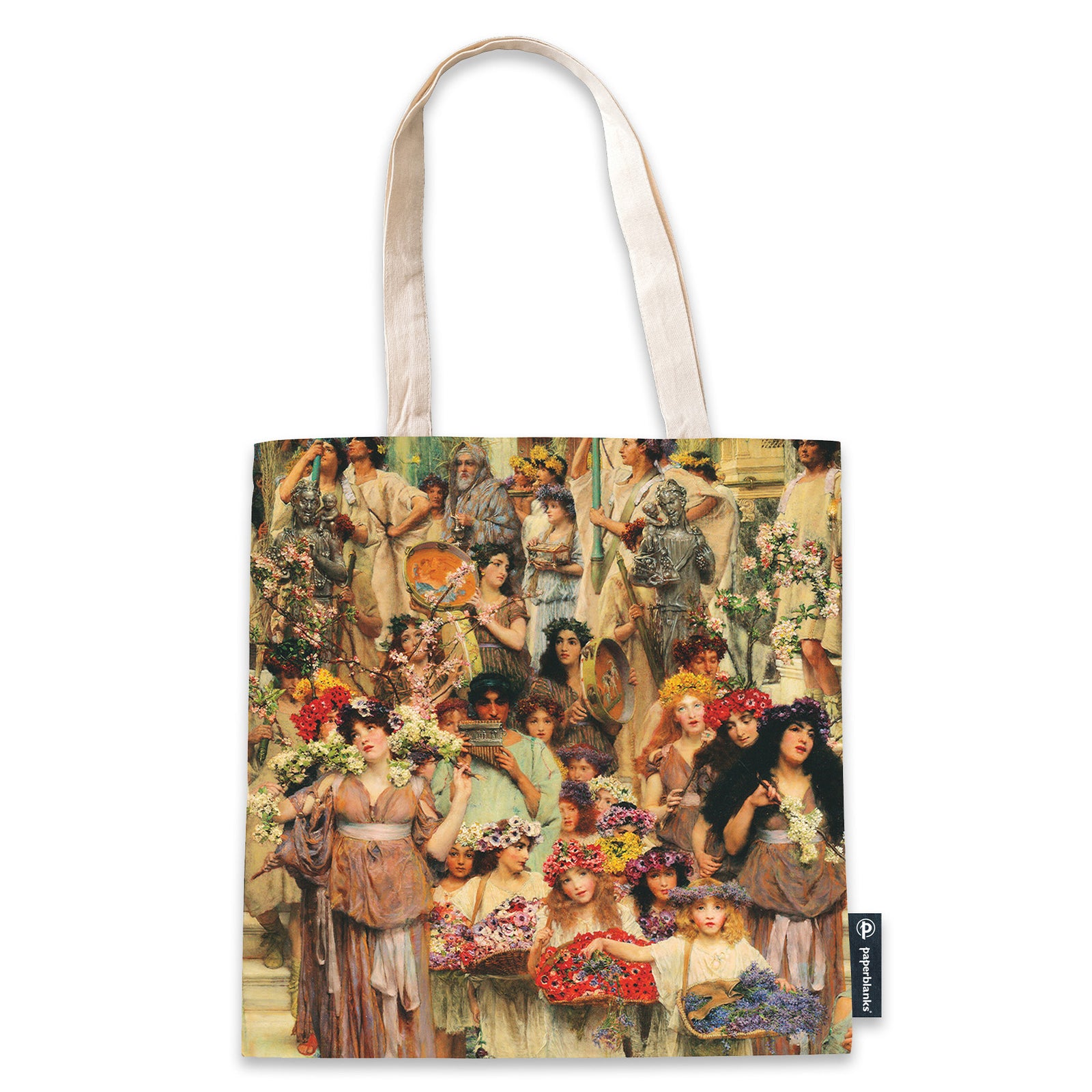 A multicolored canvas tote bag featuring a printed artwork depicting a scene with women and children in ancient Roman attire carrying and wearing flowers.
