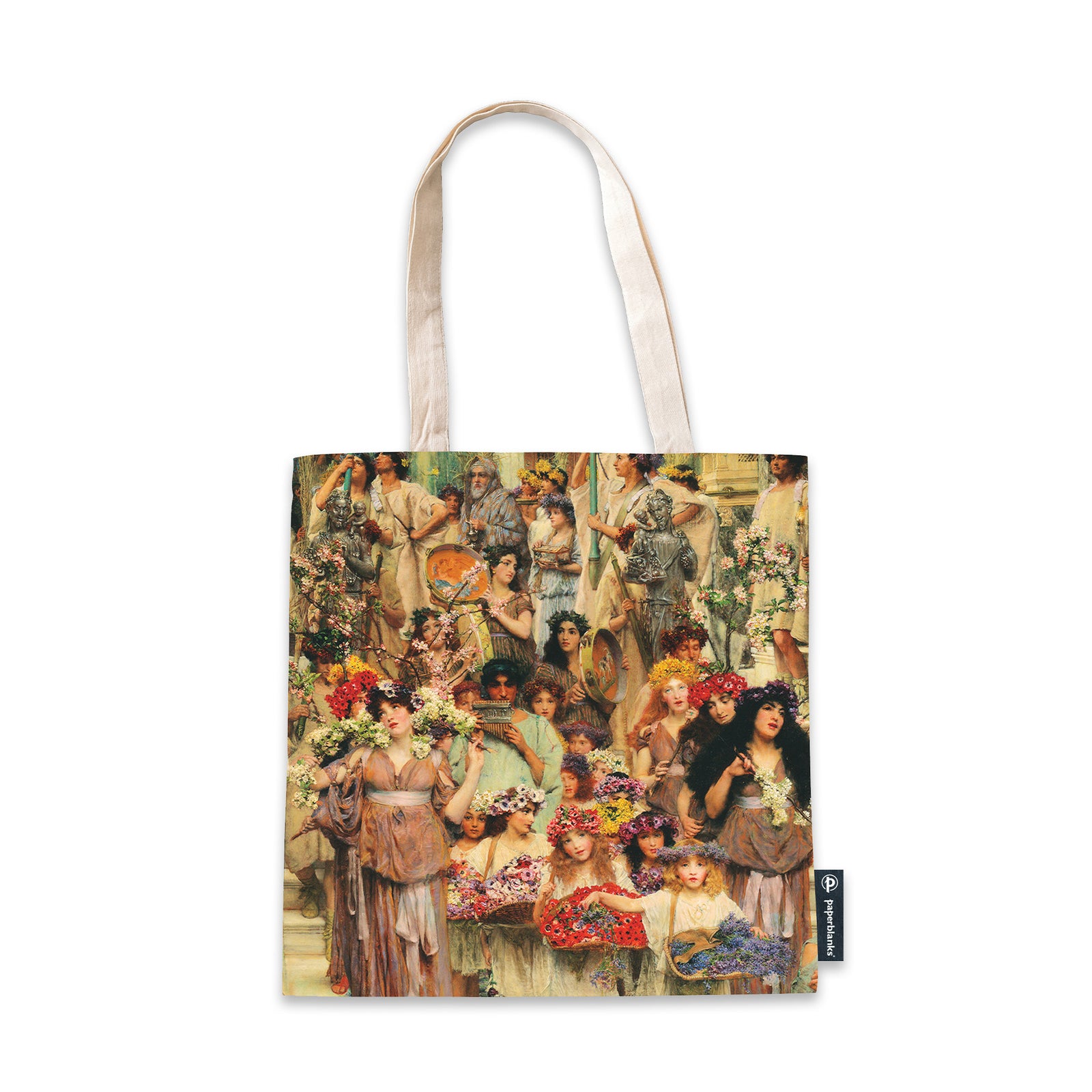 Tote bag with a design of a group of women holding flowers on a white background