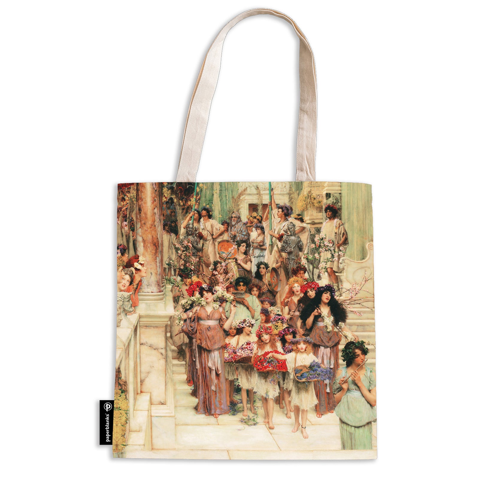 A multicolored canvas tote bag featuring a printed artwork depicting a scene with women and children in ancient Roman attire carrying and wearing flowers.