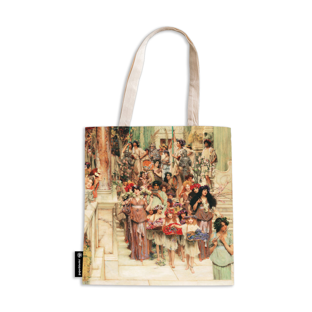 Tote bag with a vintage-style painting of a crowded staircase on a white background