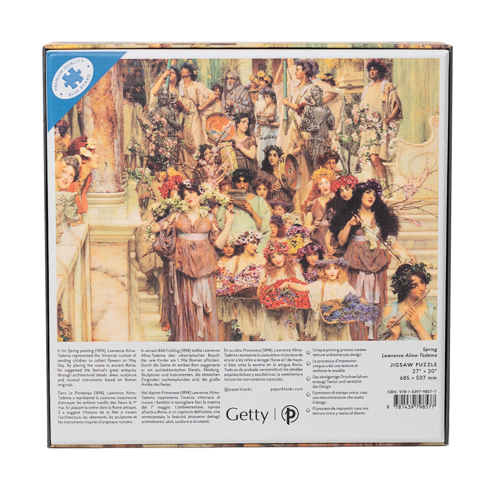 A boxed 1000-piece jigsaw puzzle depicting a Victorian painting with vibrant colors and detailed figures carrying flowers.