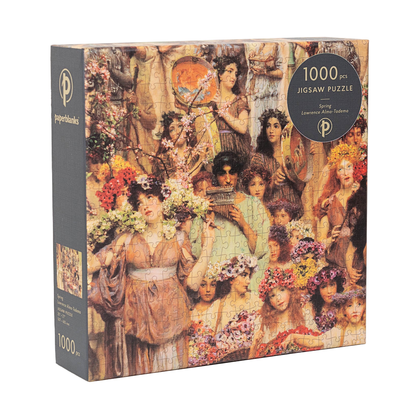 A boxed 1000-piece jigsaw puzzle depicting a Victorian painting with vibrant colors and detailed figures carrying flowers.