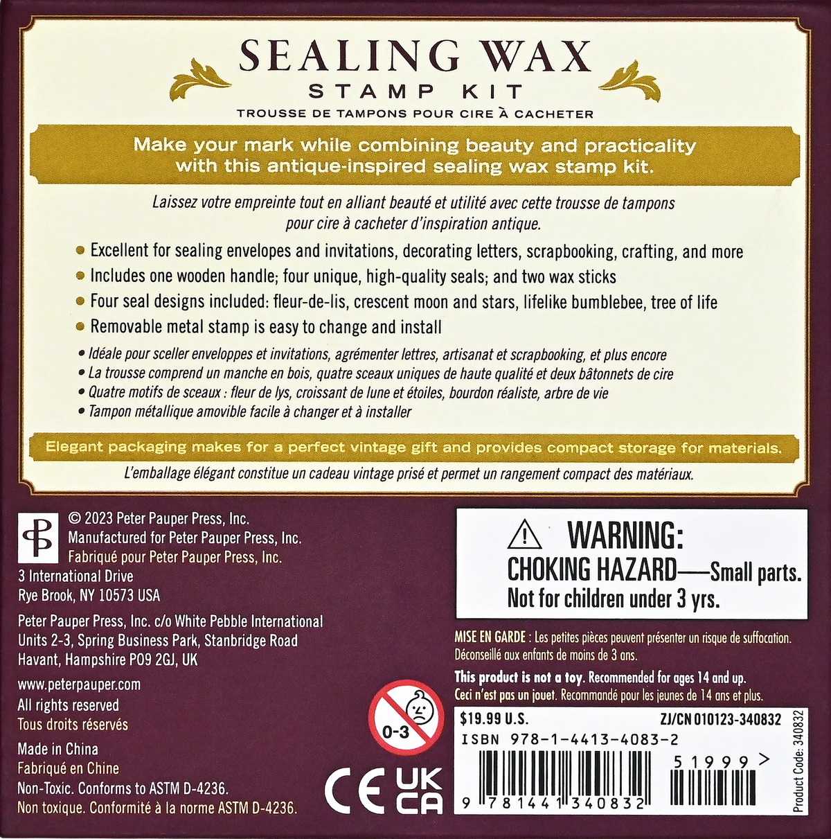 Back of a sealing wax stamp kit packaging with text and branding details.