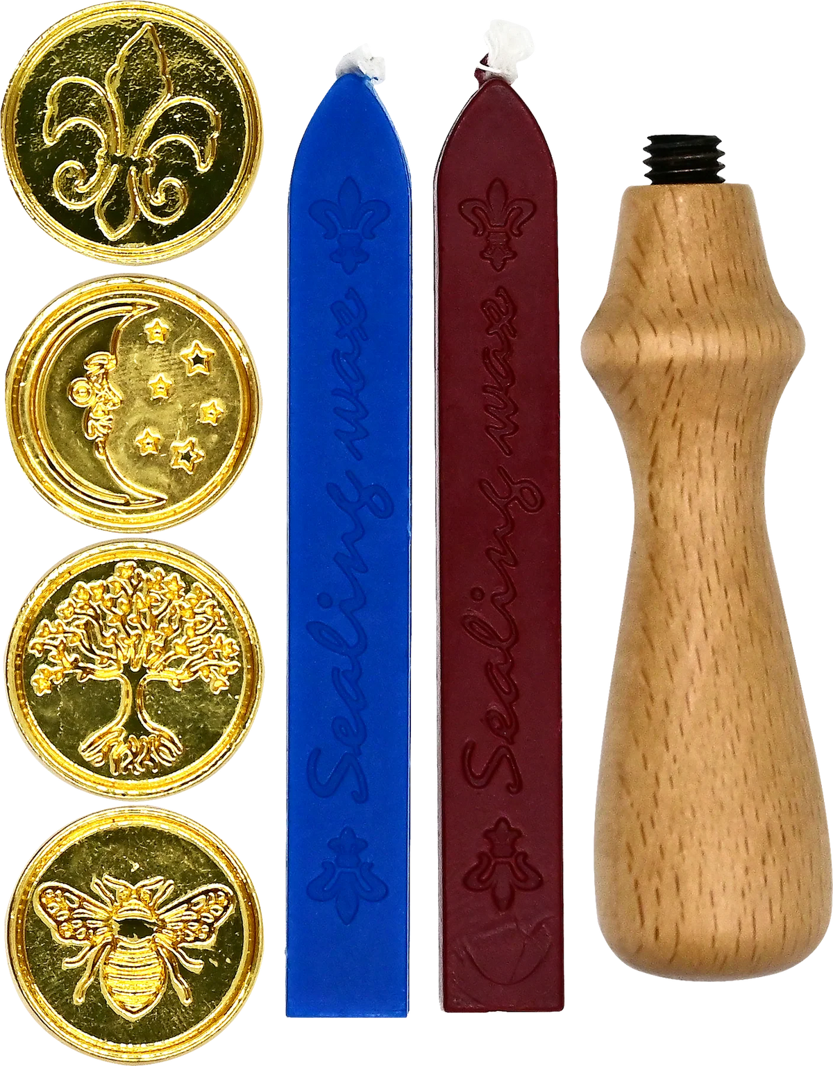 Set of wax seals with embossed designs, two ribbons, and a wooden handle on a white background.