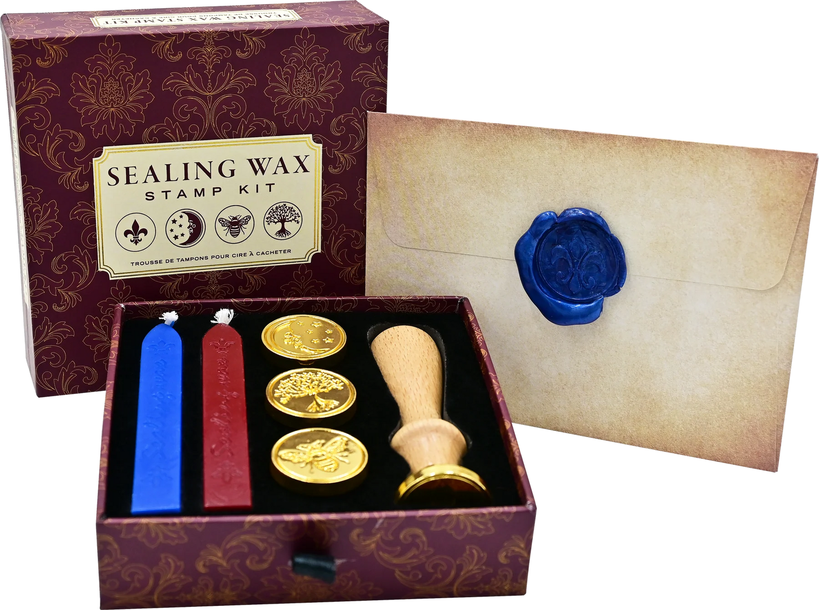 Sealing wax stamp kit with candles, stamp, and seal on a white background