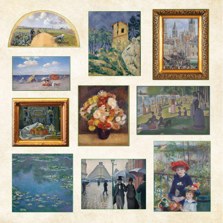 Collage of various paintings by artists including Van Gogh and Monet on a beige background.