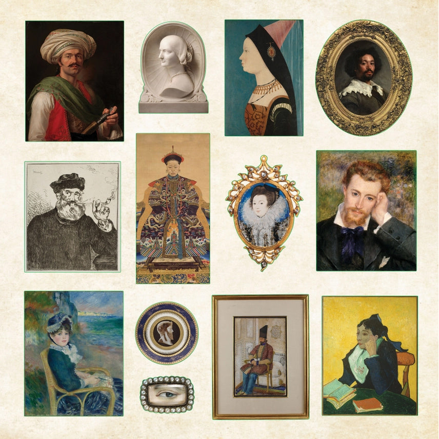 Collage of various portraits and decorative items on a beige background