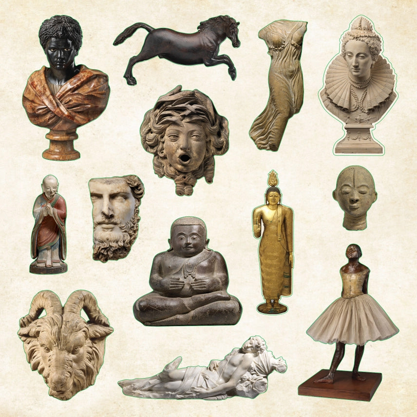 Collection of various classical sculptures and figurines on a beige background