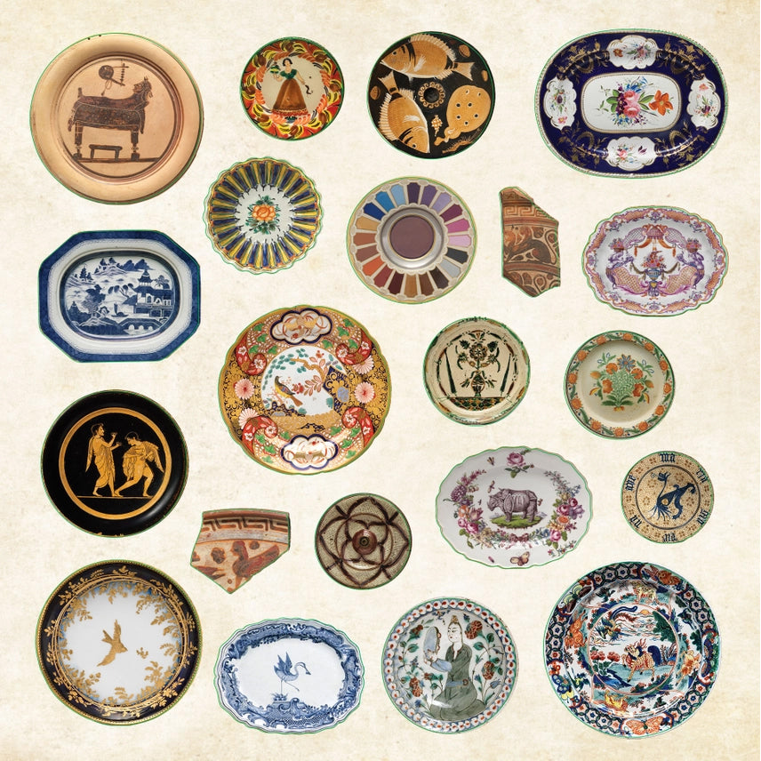 Collection of various ceramic plates with different designs on a beige background