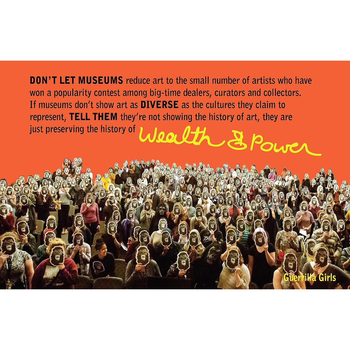 Artwork by Guerrilla Girls with text on an orange background