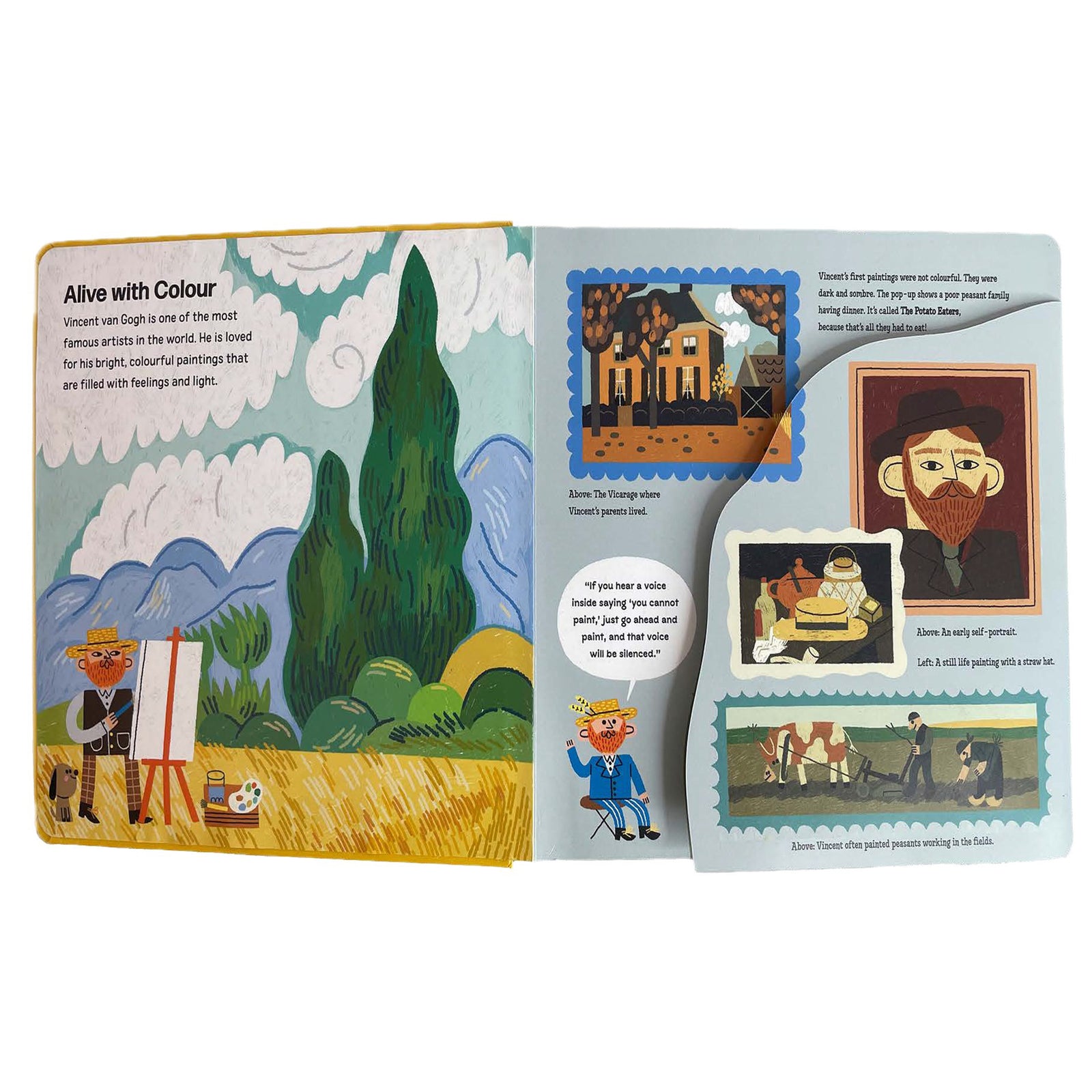 Cover of 'Vincent van Gogh' pop-up book with illustration of a man holding flowers and a painting.