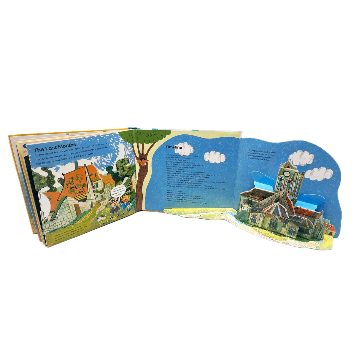Open book with illustrated pages showing a village scene