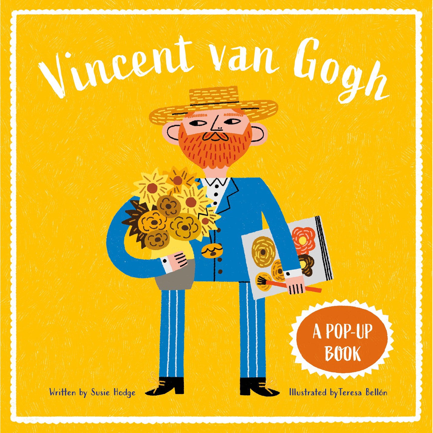 Cover of 'Vincent van Gogh' pop-up book with illustration of a man holding flowers and a painting.