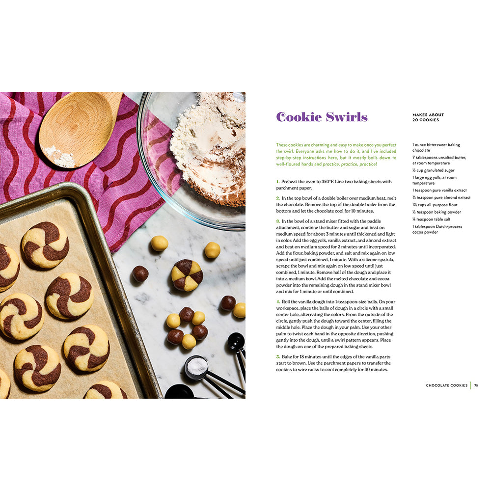 A printed recipe page for 'Cookie Swirls' featuring a color photograph on the left of swirled sugar cookies on a pink striped cloth beside a bowl of dough, and the recipe text on the right.