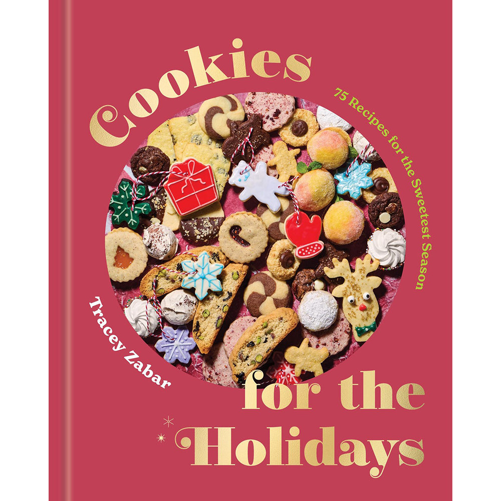 The front cover of the book 'Cookies for the Holidays' by Tracey Zabar, featuring a vibrant pink background and a circular collage of various decorated holiday cookies in the center.