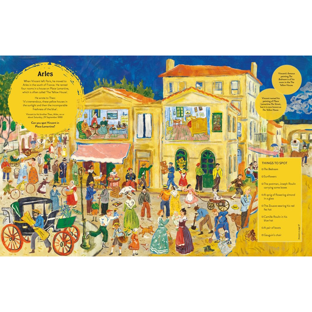 Book cover of 'Find Vincent van Gogh' with colorful illustration of a village scene.