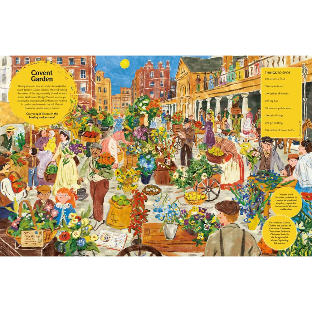 Illustration of a bustling market scene with people and stalls in Covent Garden, London.
