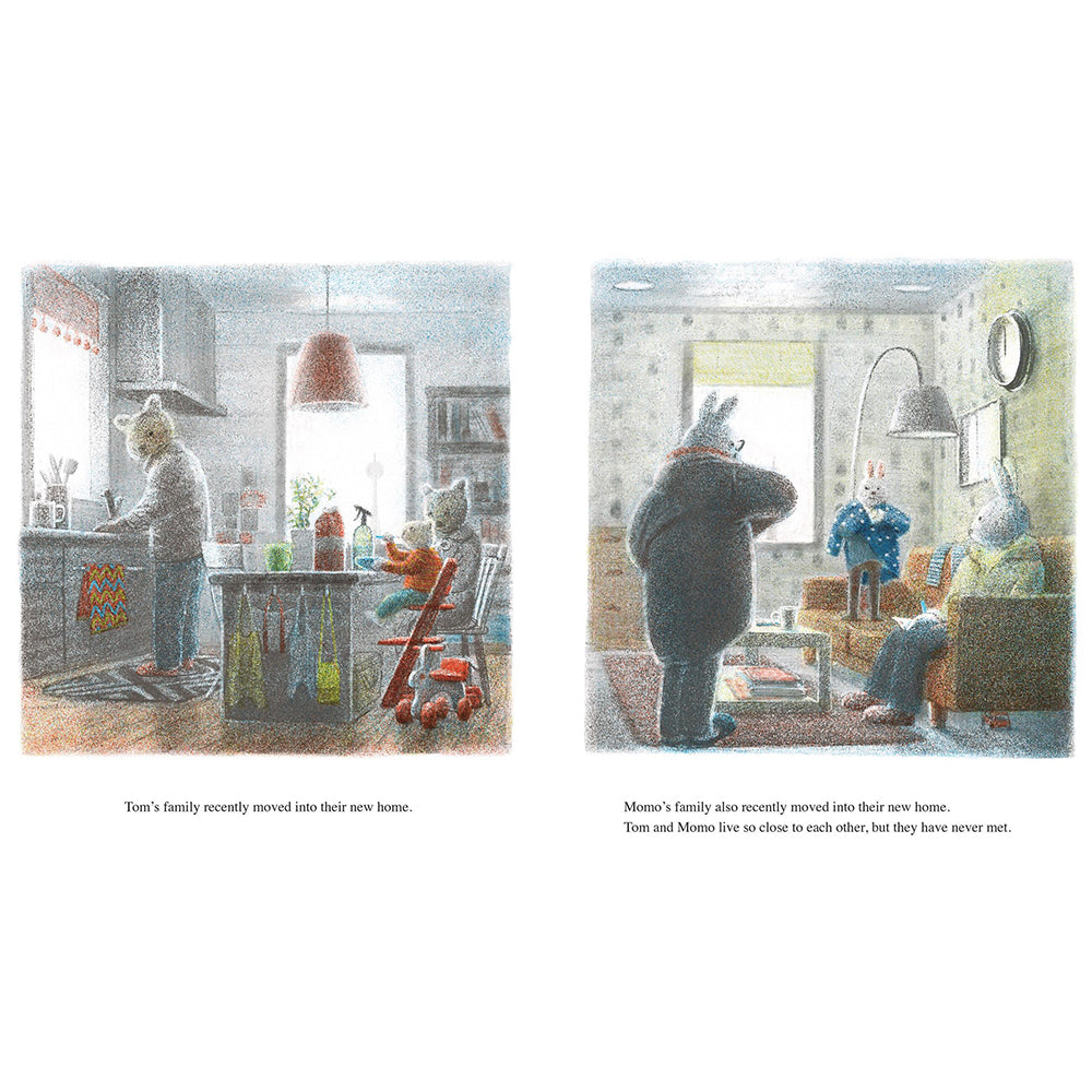 Book cover for 'Tom and Momo' by Akiko Miyakoshi, featuring a snowy winter scene with a person holding a dark umbrella and a child in a bright green coat, with the title in large white text.