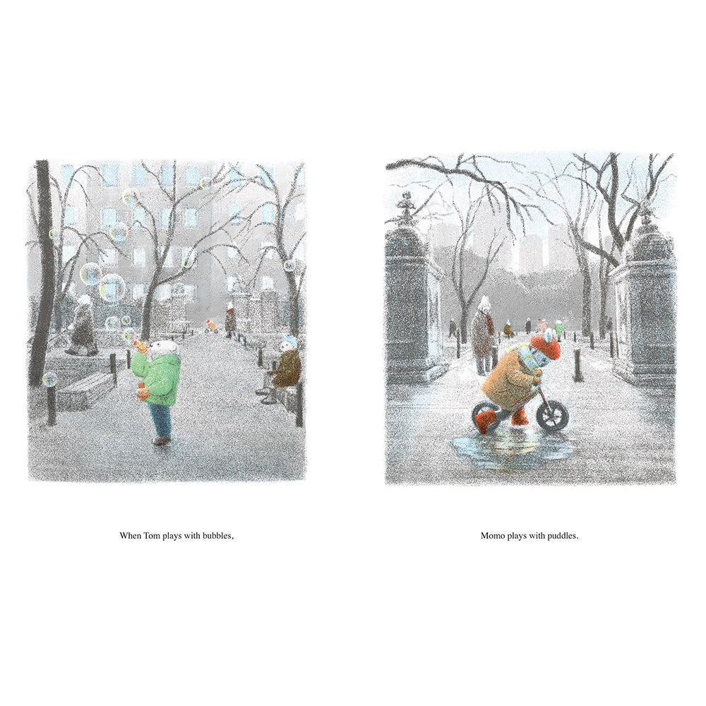 A two-panel art print showing a snowy park scene with children playing. The left panel shows a child blowing bubbles, captioned 'When Tom plays with bubbles.