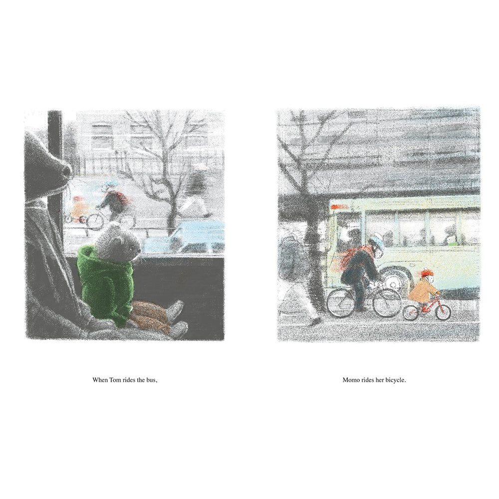 A children's book or art print featuring two illustrated scenes side by side on a white background. The left panel shows a child in a green coat sitting by a bus window, with a cyclist outside.