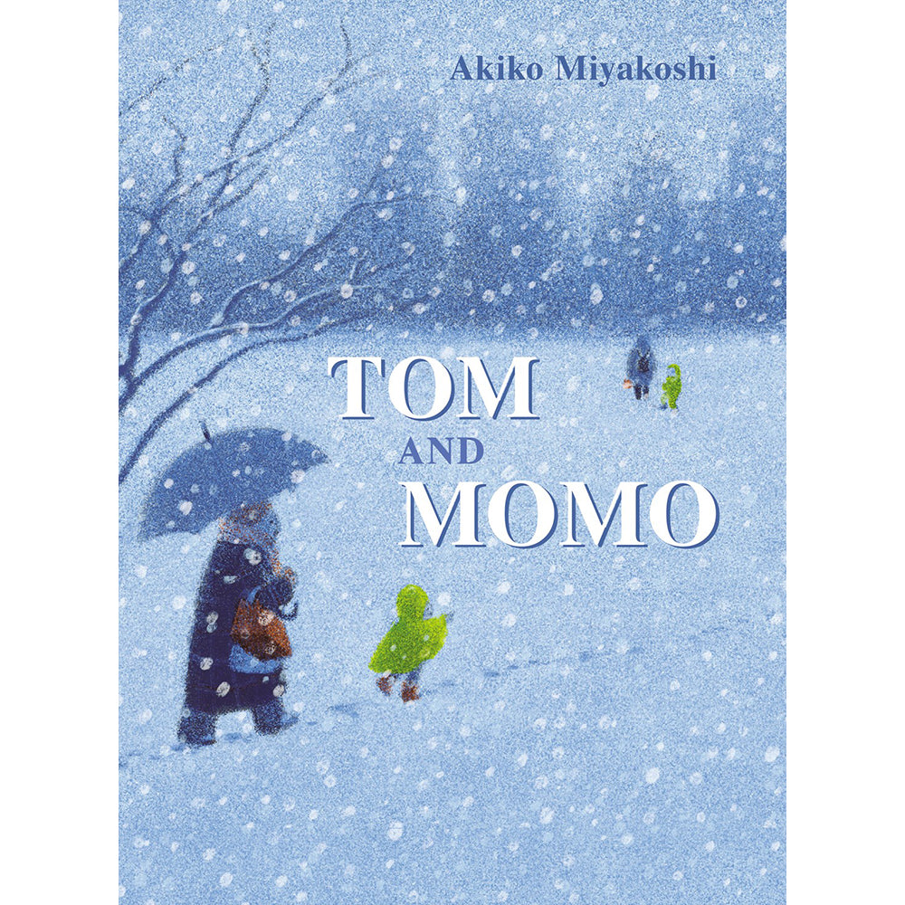 Book cover for 'Tom and Momo' by Akiko Miyakoshi, featuring a snowy winter scene with a person holding a dark umbrella and a child in a bright green coat, with the title in large white text.